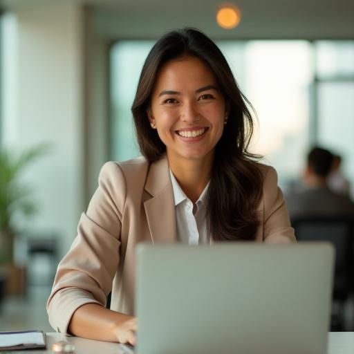 Elena Bianchi, Marketing Manager di Giglio Grow, donna energica e professionale, lavora al laptop